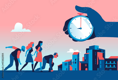 Gruppo di persone pronte per partire. Gara contro il tempo
