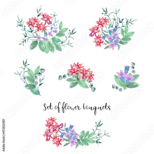 Set of floral bouquets with exotic small flowers and tropical leaves,wild flowers, greenery