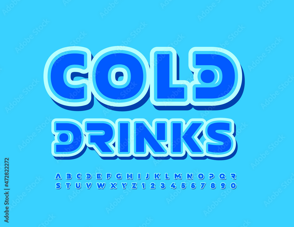 Vector Bright Emblem Cold Drink. Trendy Blue Font. Creative Alphabet Letters and Numbers set