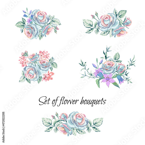 Set of floral bouquets with beautiful roses, wild flowers, greenery.