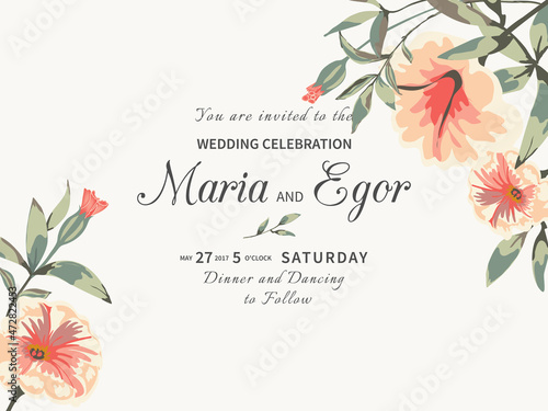 vintage floral background,Wedding card with delicate Petunia, greenery on white