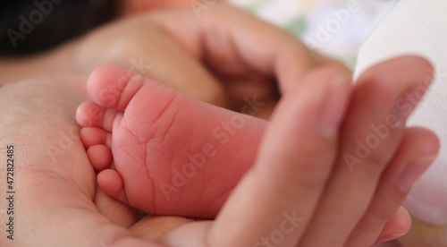 Foto little feet of newborn baby in the hands of their parents.