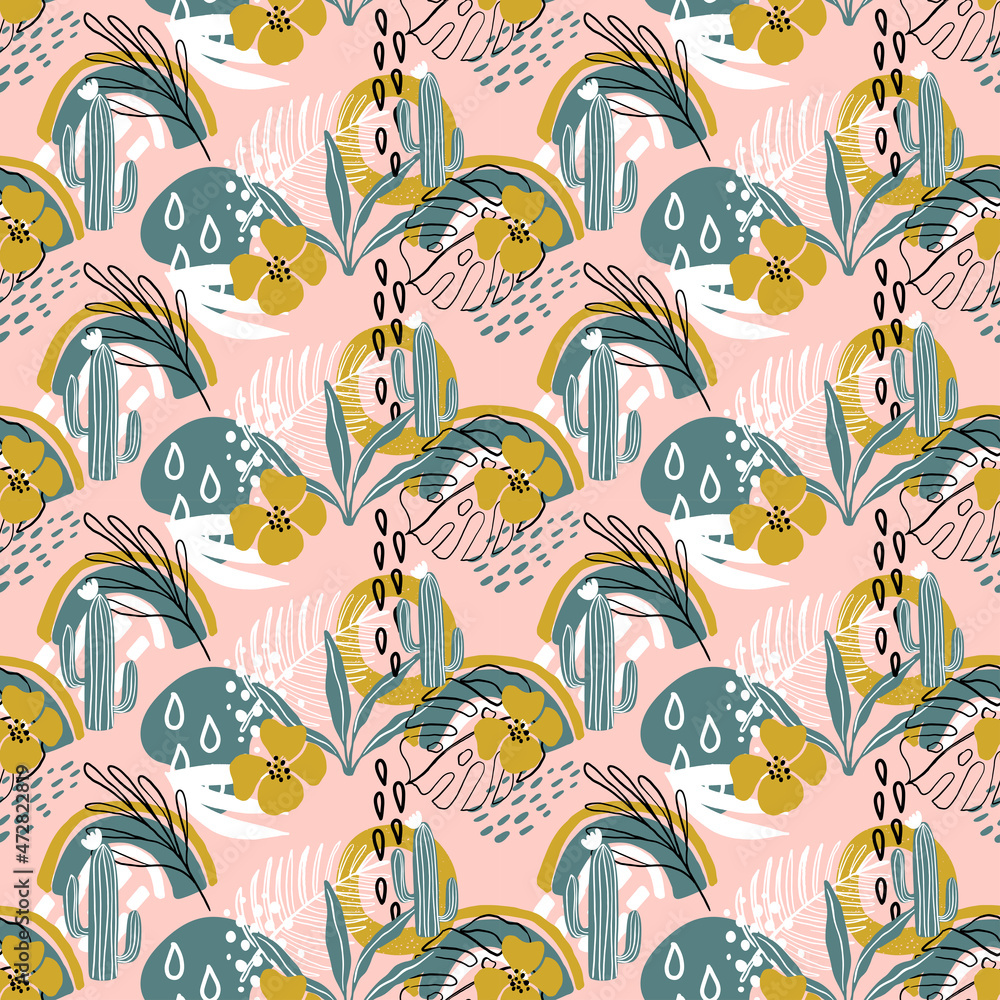 Naklejka premium Beautiful seamless pattern with palm leaves, flowers, cactus and different textures on pink background. Tropical theme. Cute vector illustration for fabric, wallpaper, wrapping paper.