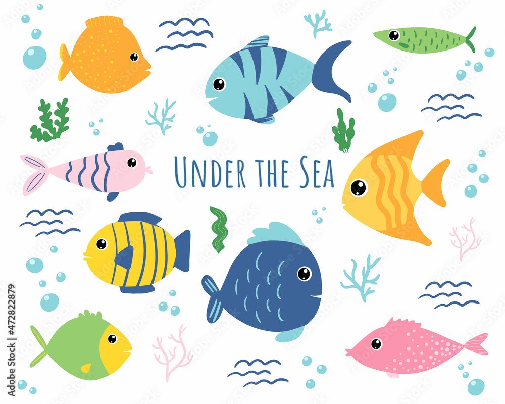 Cute cartoon set with fishes in bright colors with design elements. Vector EPS10. Cute cartoon set with fishes in bright colors with design elements. Vector EPS10.