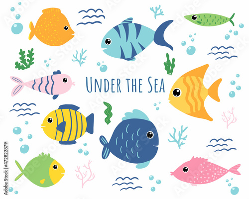 Cute cartoon set with fishes in bright colors with design elements. Vector EPS10.