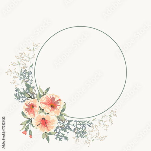 round empty banner and floral bunch with beautiful wild flowers, greenery.