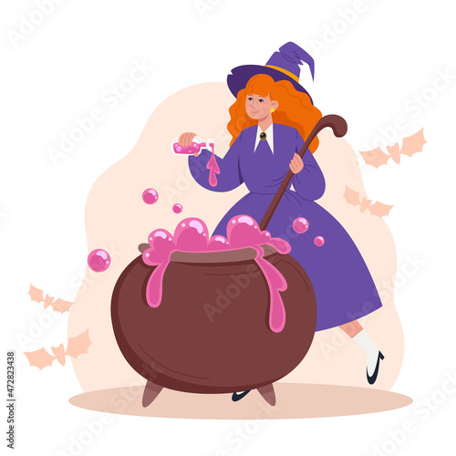 Witch brews a magic potion in a cauldron for Halloween