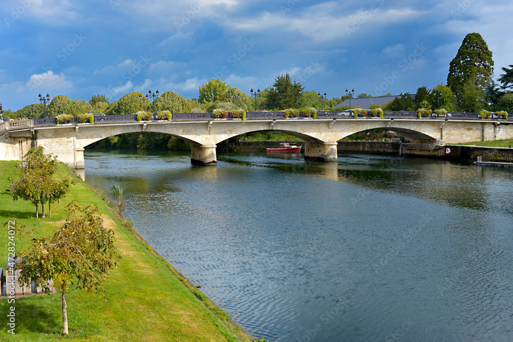 River Charente and bridge at Saintes, a commune and historic town in western France, in the Charente-Maritime department of which it is a sub-prefecture, in Nouvelle-Aquitaine 