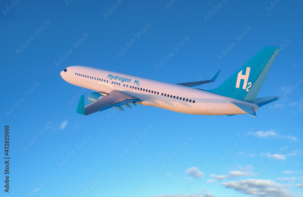Blue Hydrogen filling H2 Airplane flying  in the sky - H2 energy concept