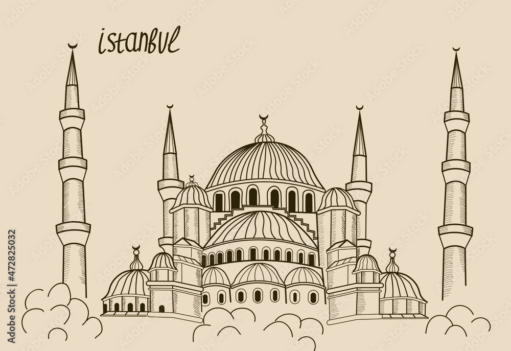 mosque, turkey, istanbul, travel, arhitecture vector vintage illustration isoalted on bright background. Concept for postcard, print, logo