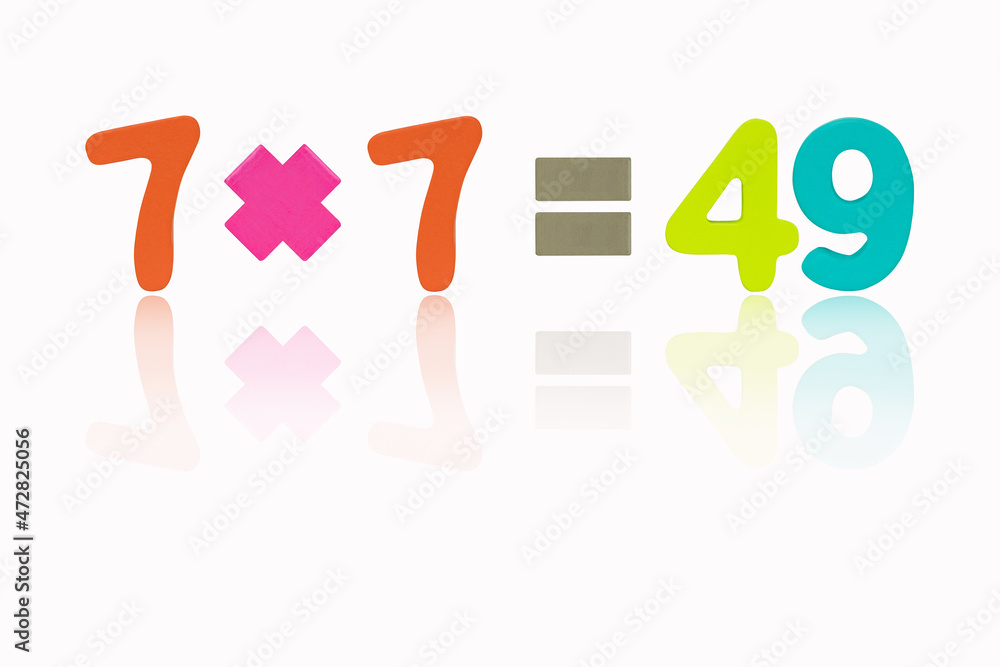 Seven multiply seven equals forty nine (7x7=49) Image of simple math addition operation for kids math operation to enhance brain skills. (Plus, minus, multiply, divide) Isolated on white background. Seven multiply seven equals forty nine (7x7=49) Image of simple math addition operation for kids math operation to enhance brain skills. (Plus, minus, multiply, divide) Isolated on white background.