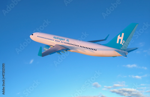 Blue Hydrogen filling H2 Airplane flying in the sky - H2 energy concept