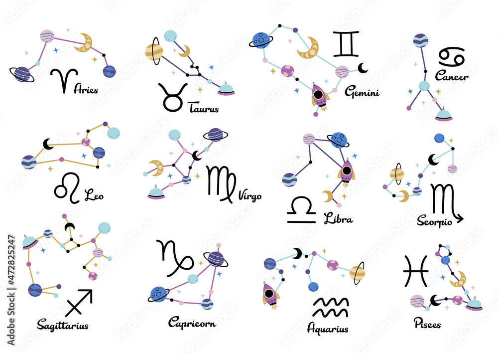 set of isolated constellations, 12 zodiac signs with titles set of isolated constellations, 12 zodiac signs with titles