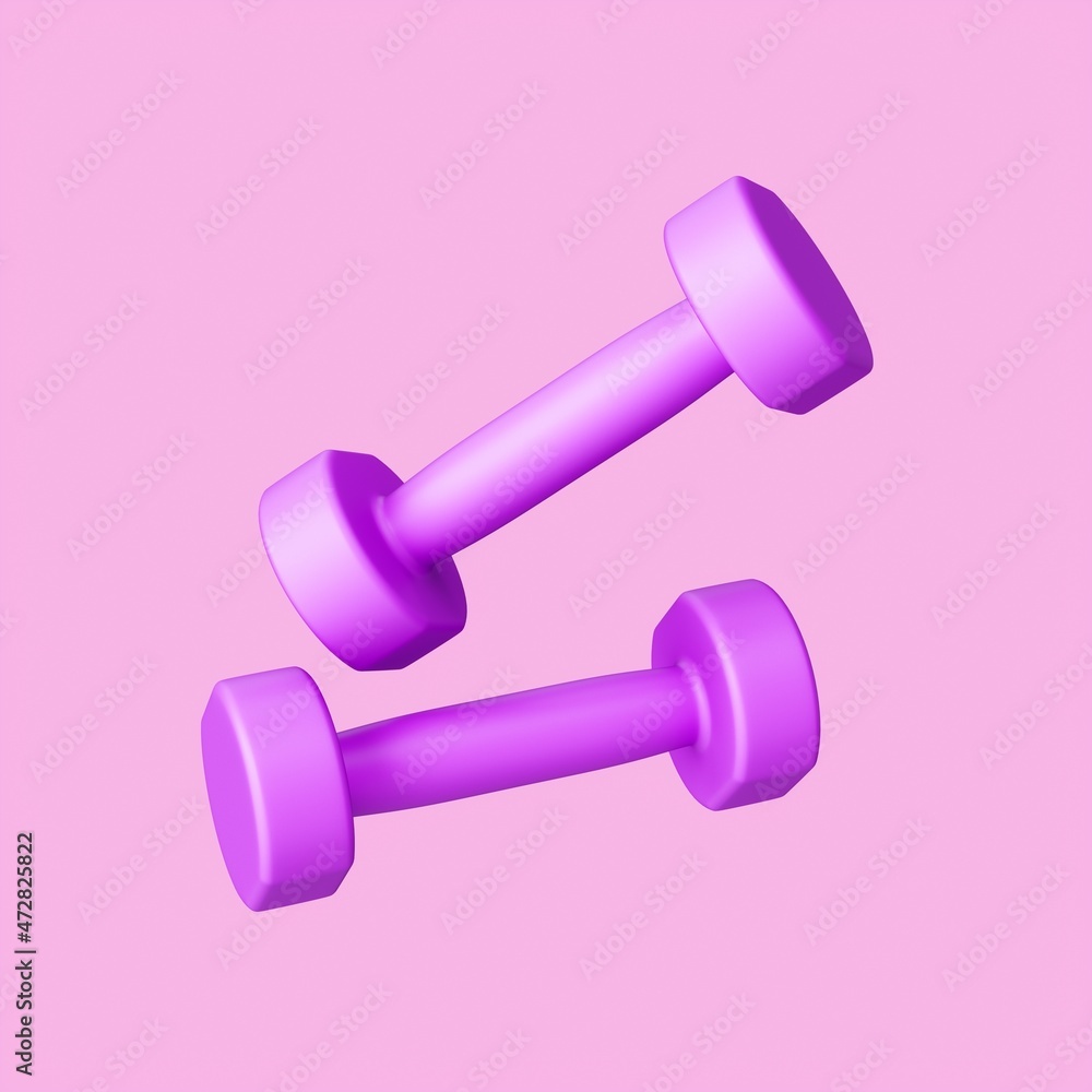 3D Rendering Purple Dumbbells for sports isolated on pink background 3D Rendering Purple Dumbbells for sports isolated on pink background