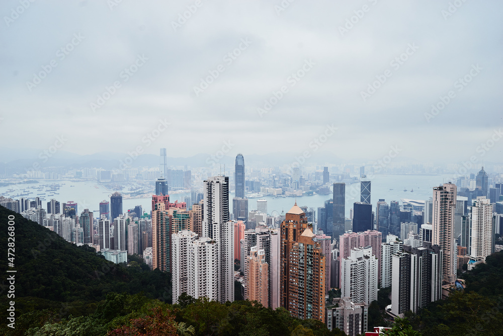 Amazing view on Hong Kong city skyline from the Victoria peak, China. 