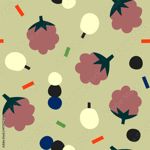 Abstract raspberry berries and geometric elements on gray background. Modern minimalistic floral print for textiles, wallpaper, wrapping paper.