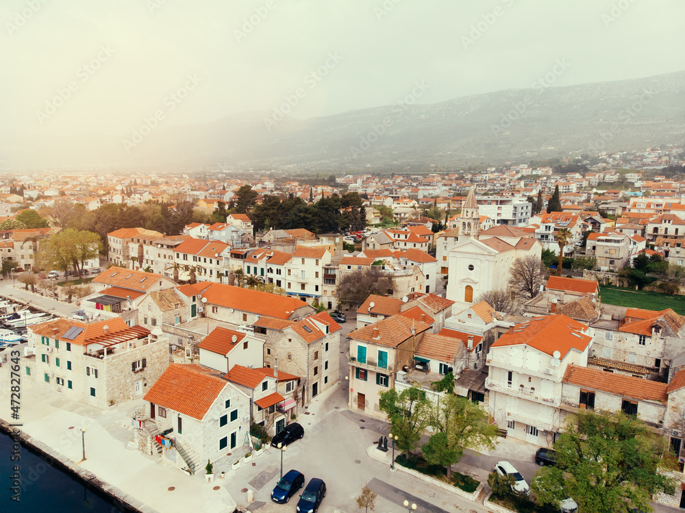 Drone shot of the Kastel old town on the coast of Dalmatia,Croatia . A famous tourist destination on the Adriatic sea.