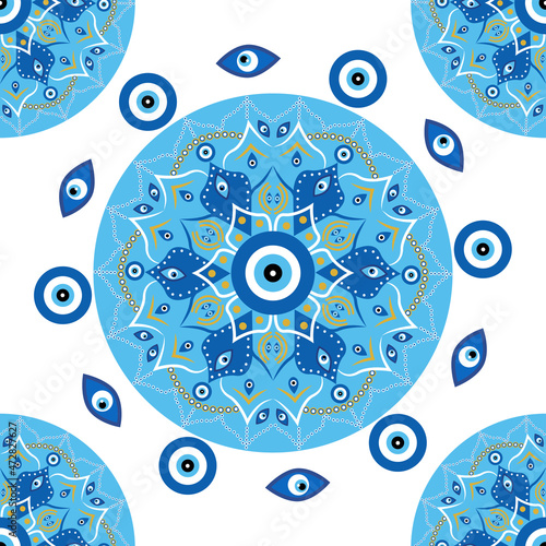 Seamless pattern with Turkish evil eye bead. Good luck. Turkish tile. Oriental ottoman design