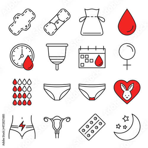 Zero waste period icon set vector isolated. Menstrual cup, reusable pad, panties. Monthly calendar, pain belly and pills pictograms.