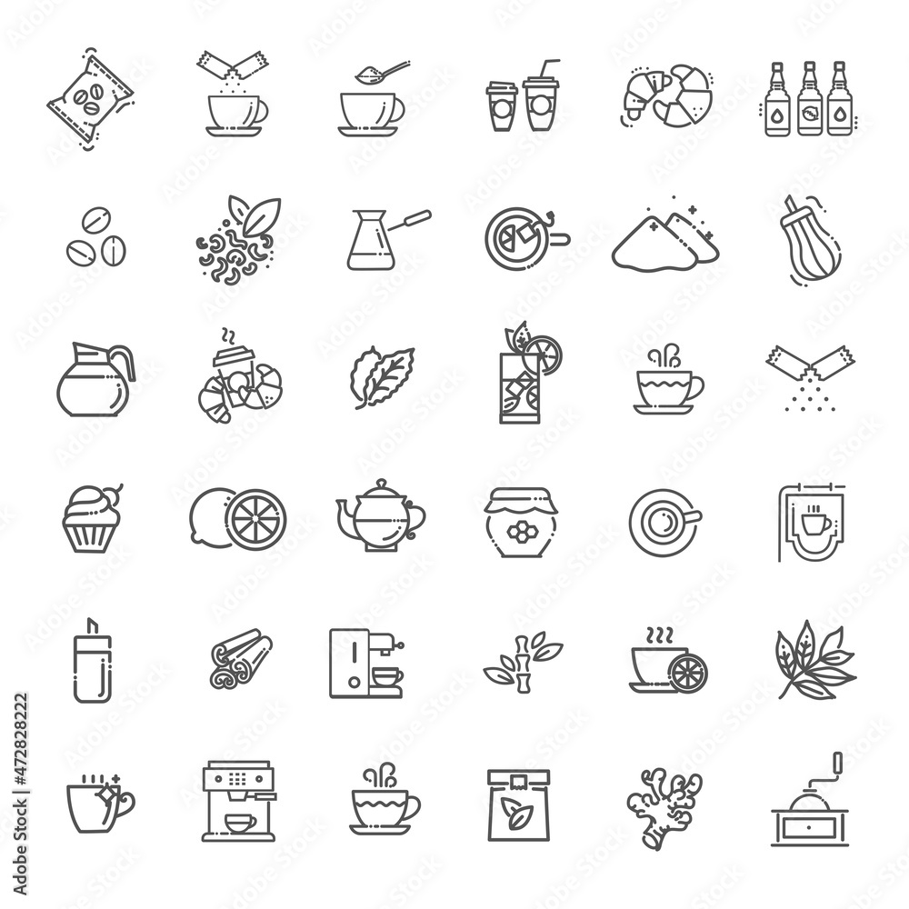 Coffee and tea vector icons set. Thin line design