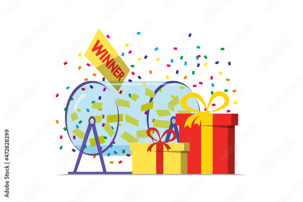 Prize raffle rotating drum with lottery tickets and lucky winner gift boxes on white background. Online random draw promotional design concept. Gambling vector eps illustration Prize raffle rotating drum with lottery tickets and lucky winner gift boxes on white background. Online random draw promotional design concept. Gambling vector eps illustration