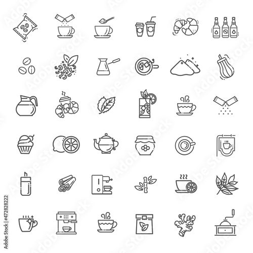 Coffee and tea vector icons set. Thin line design