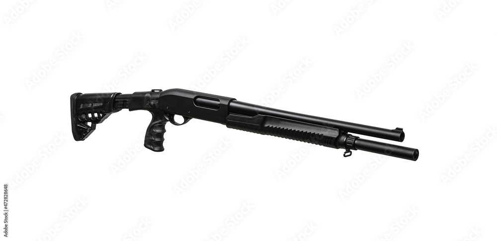 Pump-action 12 gauge shotgun isolated on a white background. A smooth-bore weapon.