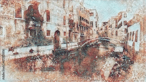 Romantic scenery of Venice, Italy. Computer painting. © jozefklopacka