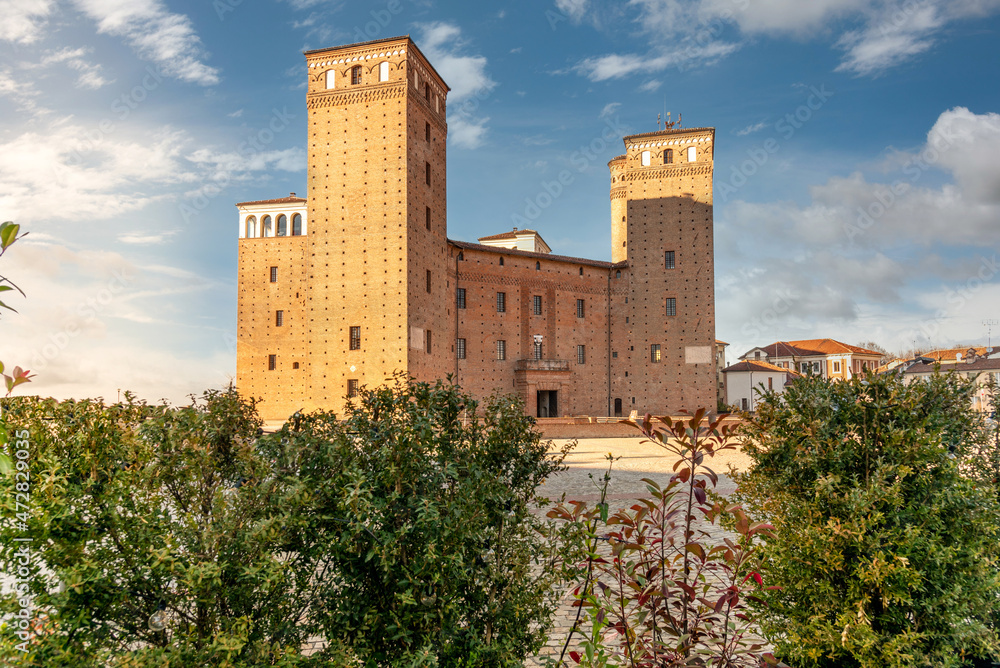 Fossano, Cuneo, Italy - December 2, 2021: The castle of the Princes of Acaja (XIV century) in piazza Castello, seat of the civic library