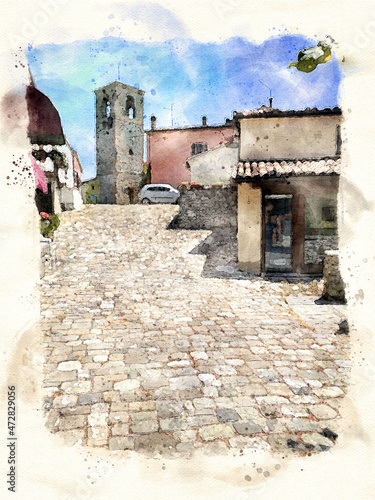 strada a ciottoli, borgo antico, torre, stile acquarello photo