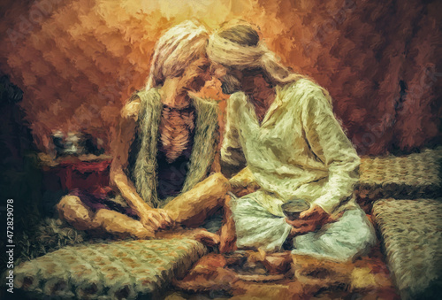 couple in love at the teahouse, Painting effect.