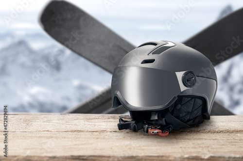 Quadro em tela ski helmet with visor on mountains background
