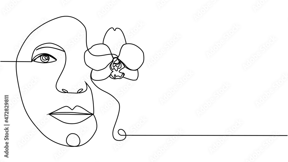 Woman face with flowers one line drawing. Continuous line drawing art. Flower bouquet in woman Woman face with flowers one line drawing. Continuous line drawing art. Flower bouquet in woman