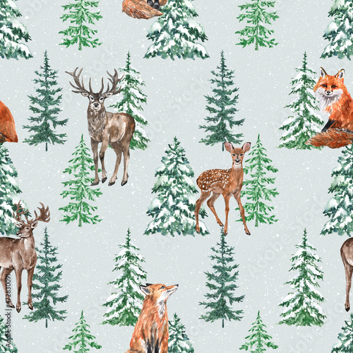 Watercolor winter snowy pine trees and wild animals seamless pattern. Deer  cute fox  winter forest  on gray background.