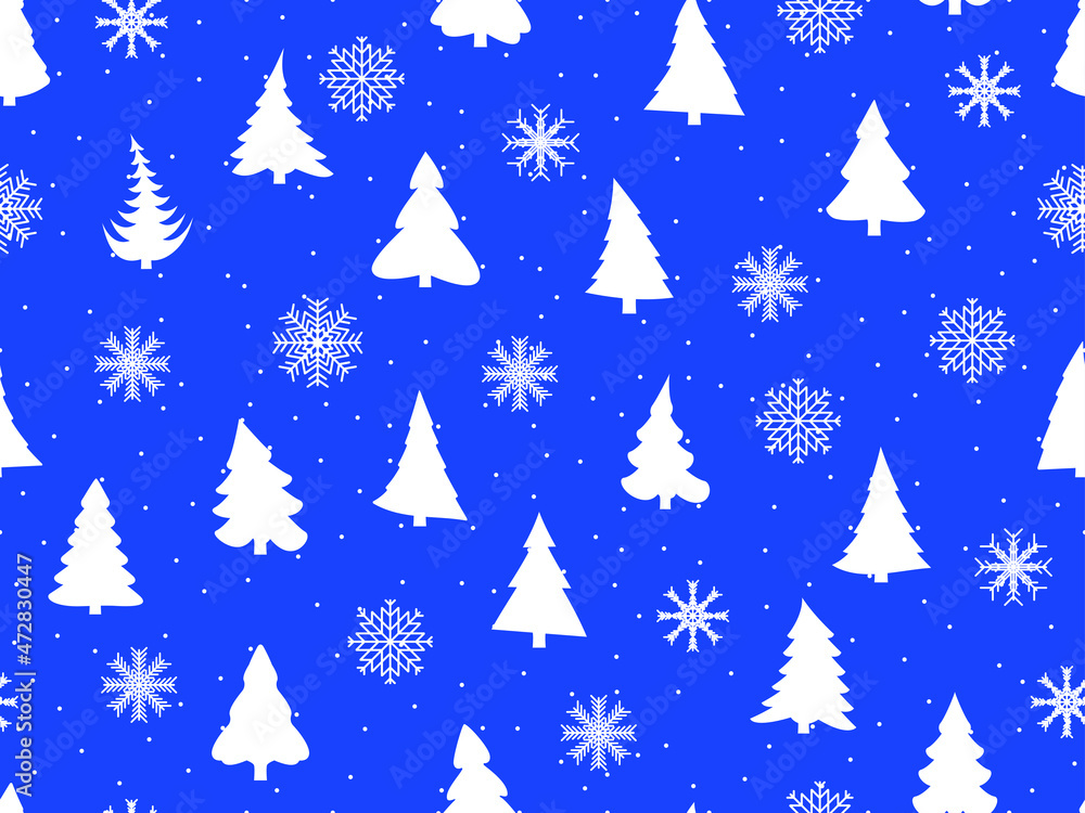 Seamless pattern with white Christmas trees on a blue background for Christmas and New Year. Festive design for greeting cards, wrapping paper and banners. Vector illustration