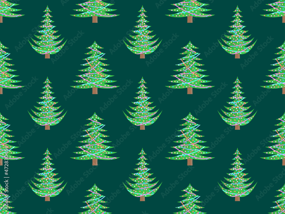 Seamless pattern with decorated Christmas trees. Christmas trees decorated with garlands and balls. Festive design for greeting cards, posters and banners. Vector illustration