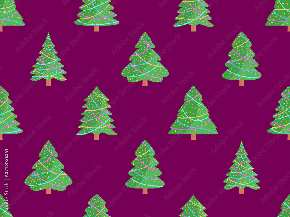 Fototapeta premium Seamless pattern with decorated Christmas trees. Christmas trees decorated with garlands and balls. Festive design for greeting cards, posters and banners. Vector illustration