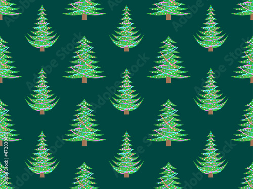 Seamless pattern with decorated Christmas trees. Christmas trees decorated with garlands and balls. Festive design for greeting cards, posters and banners. Vector illustration © andyvi