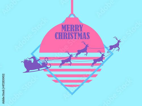 Santa Claus in a sleigh with reindeer against the background of a hanging Christmas ball. Festive design in 80s synthwave and retrowave style for greeting card and poster. Vector illustration