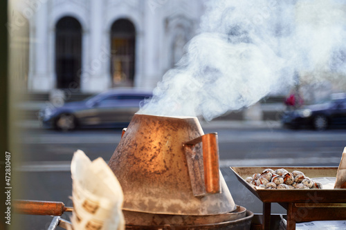 Roasted chestnuts sold at streets of Lisbon, Portugal.