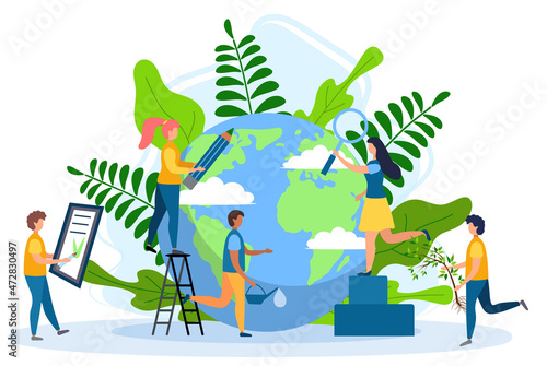 Ecology concept. People take care about planet ecology. Protect nature and ecology banner. Earth day. Globe with trees, plants and volunteer people.