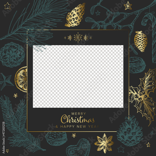 Christmas dark family photo card layout template with christmas elements