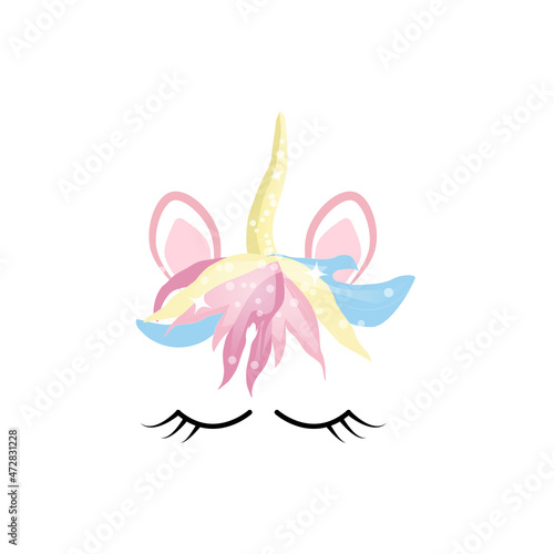 Fabulous cute unicorn with golden gilded horn and closed eyes with Flowers and Eyelashes