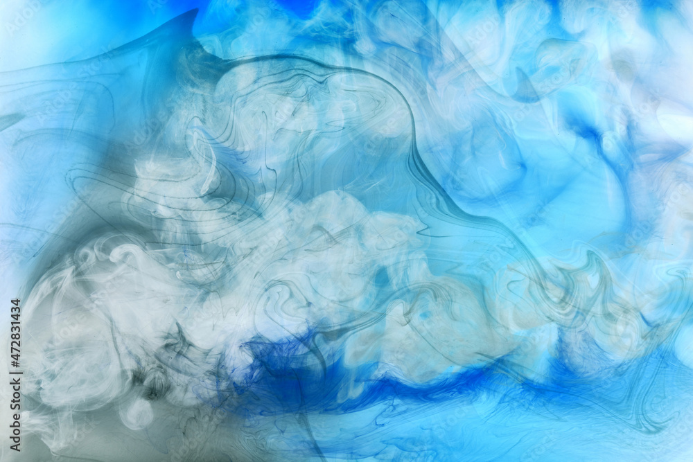 Blue smoke on white ink background, colorful fog, abstract swirling ocean sea, acrylic paint pigment underwater