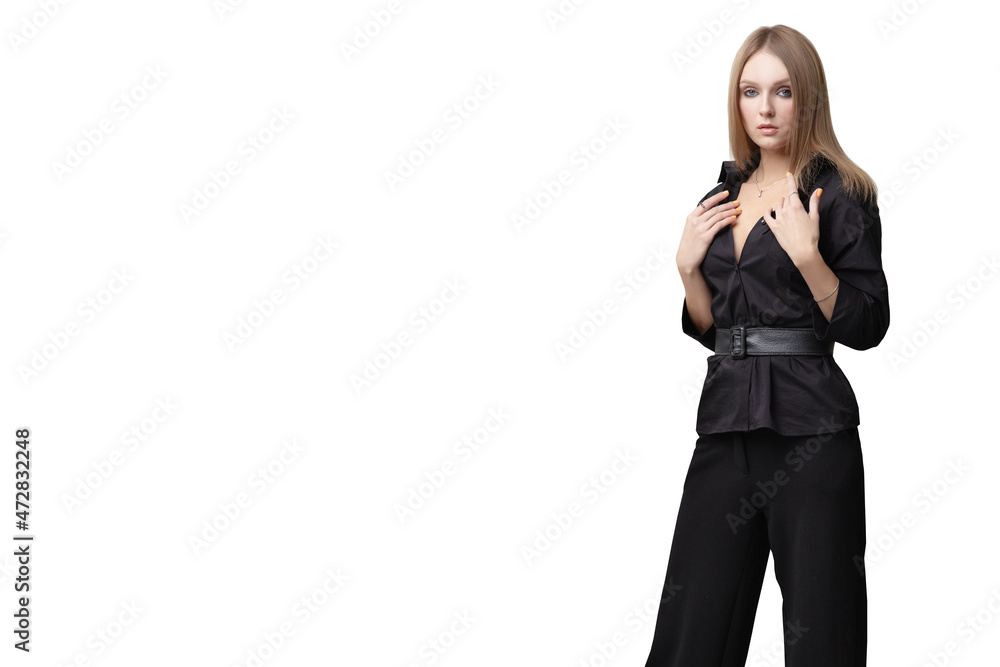 stylish girl in black suit isolated on white background stylish girl in black suit isolated on white background