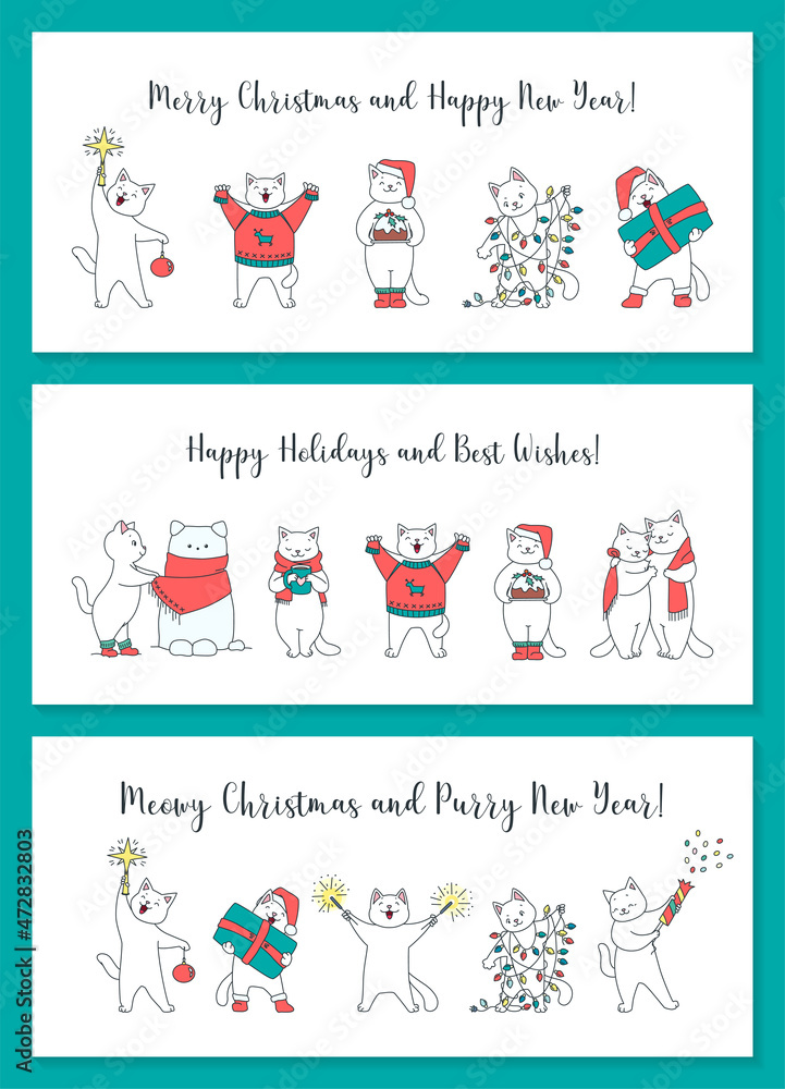 Obraz premium Collection of Christmas greeting cards. Illustration of cute kittens celebrating winter holidays isolated on a white background. Vector 10 EPS.