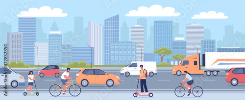 Modern city transport system and citizens using bicycles and scooters vector illustration. Colorful cityscape design