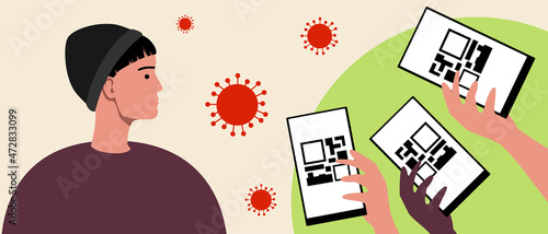 QR code on phone screen, covid vaccination, flat vector stock illustration with person without vaccine passport and protection from virus with vaccination passport