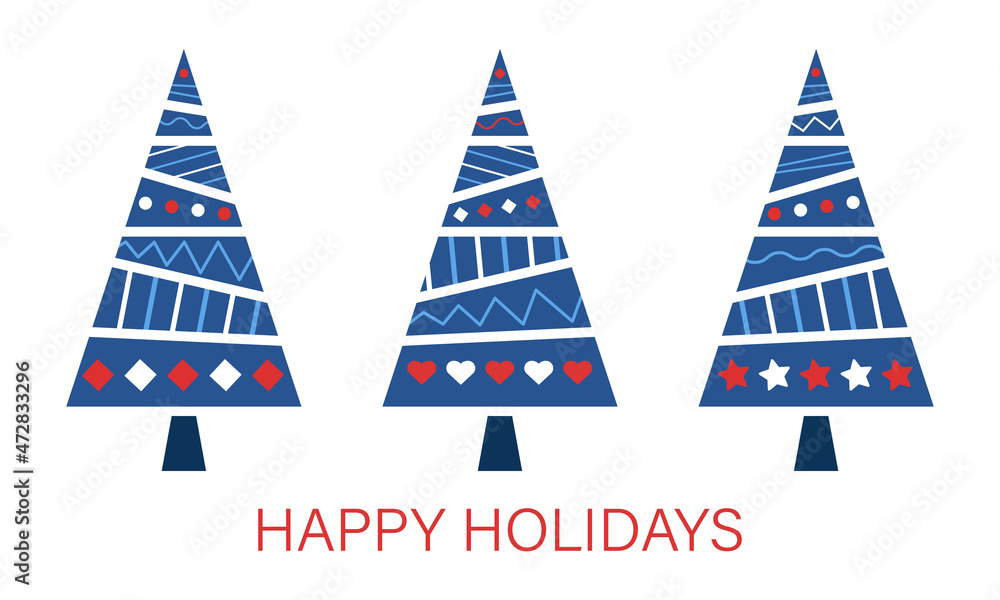 Obraz premium Happy holidays. Set of abstract colored Christmas trees. Postcard design with geometric motifs. Vector illustration in flat style