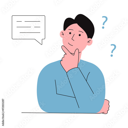 Problem solving concept, guy thinking with question mark. Vector illustration in flat style
